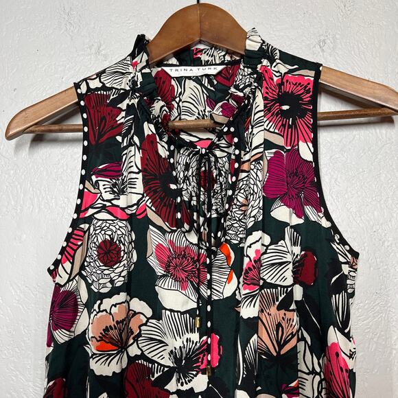 Trina Turk Silk Tunic Blouse Floral Print Top Black Pink - M - Picture 4 of 8